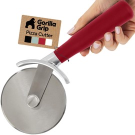 GORILLA GRIP Patented BPA-Free Large Pizza Cutter Wheel, 9 Inch, Extra Sharp Stainless Steel Blade, Slip Resistant Handle with Thumb Guard Protection, Slice Thick or Thin Pizzas, Pie, Pastries, Red