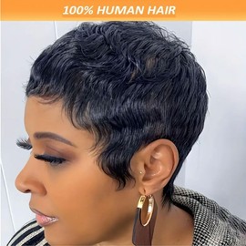 Tgezer Pixie Cut Wig Human Hair Short Bob Wig Short Layered Pixie Cut Wigs for Black Women Brazilian Hair Glueless None Lace Front Wig Black Color