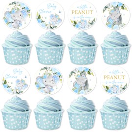 kreat4joy Elephant Baby Shower Decorations Boy, 36pcs A Little Peanut Is On the Way Baby Shower Decorations Cupcake Toppers Blue Elephant Cupcake Topper for Boy Welcome Baby Shower Decorations