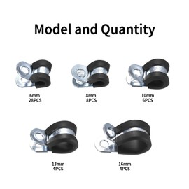 50 Pcs Carbon Steel Rubber Lined P Clips Assorted, Rubber Cushioned R Clamps, Hose Pipe Clamps Clips, Hose Clips, Metal Wire Cable Clamps Conduit Clips for Hose Tube - 6mm 8mm 10mm 13mm 16mm