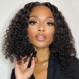 DZFAYESM 13x4 Deep Wave Lace Front Wigs Human Hair 200% Density Black Curly Human Hair Wig Short Natural Wigs for Black Women Transparent Lace Frontal Wig for Daily Wear 14 Inch