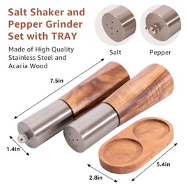 Salt Shaker and Pepper Grinder with Tray, Acacia Wood Salt and Pepper Grinder Set with High Strength Ceramic Grinding Core, Refillable Salt Shaker & Pepper Mill Adjustable for Customized Coarseness