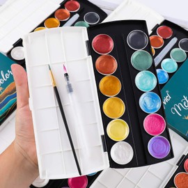 Dyvicl Glitter Metallic Watercolor Set - 12 Assorted Colors, Portable Box with Water Brush, Metallic Accents for Black Paper Drawing, Illustrating, Making Card, Coloring Books