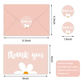 Whaline 24Pcs Daisy Thank You Cards with Envelopes and Stickers Pink White Boho Flower Greeting Cards Blank Note Cards For Birthday Wedding Party Supplies