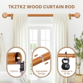 TKZTKZ Wood Curtian Rods for Windows 66 to 120 Inch:Boho Farmhouse Wooden Curtain Rod for Living Room Bedroom,Rustic Adjustable Heavy Duty Drapery Rods Set Brown Decorative Bamboo Imitation Wood Grain