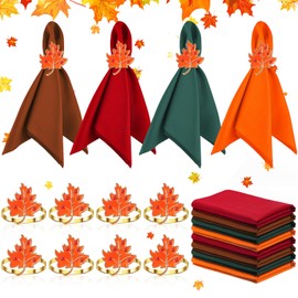 16 Pcs Fall Thanksgiving Napkin Ring Set 8 Pcs Napkin Rings and 8 Pcs Washable Thanksgiving Dinner Napkins for Fall Party Holiday Kitchen Table Decoration for Autumn Party Supplies (Lovely Maple)