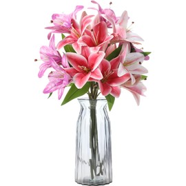 Thiccywoov 6 Pcs Artificial Lily Flowers Mothers Day Bouquet 3 Head 22.8" 3 Colors Long Stem Fake Lilies Faux Flowers for Home Wedding Bouquets Hotel Party Decor(Pink, Purple, Red)