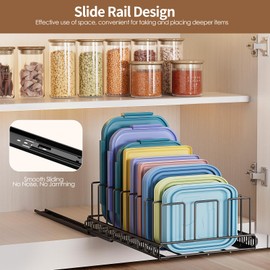 Housolution Pull Out Food Container Lid Organizer with Sliding Rail, Slide Out Plastic Lid Holder Compatible with Tupperware, Metal Storage Rack with 10 Adjustable Dividers for Cabinet, 1 Pack