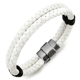 Two-Row White Braided Leather Bangle Bracelet for Men Women Leather Wristband with Magnetic Clasp(CA)