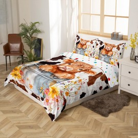 jejeloiu Cute Highland Cow Bedding Set Cow Print Duvet Cover Twin Size for Kids Boys Girls Teens Bedroom Decor Farmhouse Highland Cattle Comforter Cover Set Floral Bedspread Cover with 1 Pillow Case