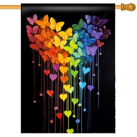 Morigins Valentine's Day Garden Flag Rainbow Butterfly Love Heart Anniversary Wedding Yard Outdoor Decoration House Flag 28×40 inch