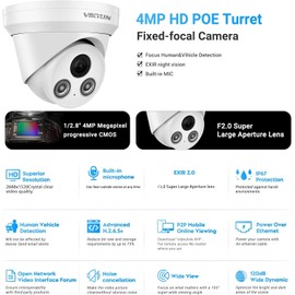 VIKYLIN 4MP POE Security Camera CCTV IP Cameras with AI Human/Vehicle Detection and Built-in Mic,30m Night Vision,115° Wide Angle 2.8mm Lens,H.265 Coding 24/7 Recording,IP67 Waterproof (IR viewing)