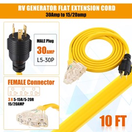 Tellegloww RV Generator Flat Extension Cord Compatible with NEMA L5-30P to 3X 5-20R/5-15R, 30A 3Prong Lock Generator to 110V 15/20A Household Outlet Distribution Adapter, 10 Gauge, ETL Listed(10ft)