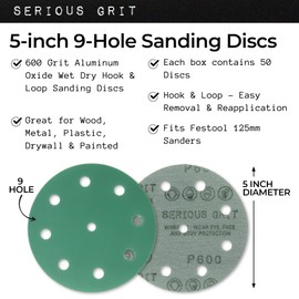 Serious Grit - 5-Inch 9-Hole 600 Grit Sanding Discs - Heavy-Duty Hook & Loop Film Discs - Sandpaper for Random Orbital Sanders - 50 Pack Box