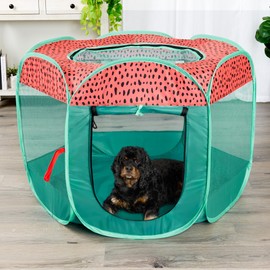 Furhaven Portable Dog Playpen Cat Tent, Pet Playground/Kennel Foldable Indoor Outdoor Zippered Puppy Crate - Green & Pink, Medium