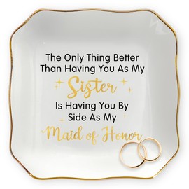 OASSIE Maid of Honor Gifts for Women - 4"x4" Ceramic Jewelry Dish Tray - Wedding Bridesmaid Gifts for Sister, Ring Holder for Women, Jewelry Tray for Maid of Honor Proposal, Bridesmaid Gift Ideas