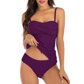 Shuangyu Bandeau Tankini Swimsuits for Women Ruched Tummy Control Top Swimwear with Mid Waist Briefs Purple M