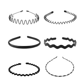 Pack of 6 Unisex Metal Headbands, Wave Headbands for Men Women, Outdoor Boys Sports Yoga Elastic Non-Slip Headbands, Black
