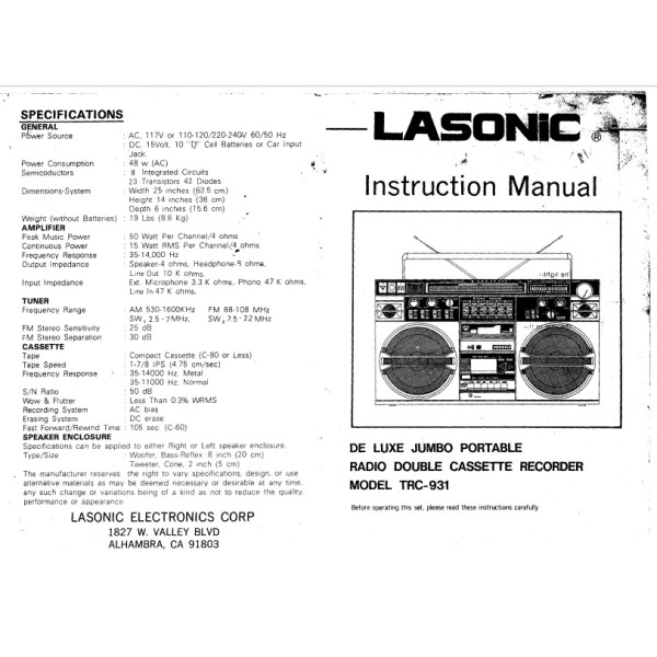 Lasonic trc931 boombox Owner manual 12 pg. Comb Bound Gloss
