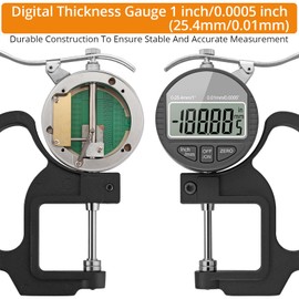 Neoteck Digital Thickness Gauge 1inch/25.4mm,0.0005inch/0.01mm LCD Display with Inch/MM Conversion One-Hand Quick Press Thickness Measuring Tool for Measuring Leather Paper Fabric Film etc.-Silver