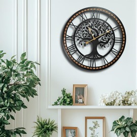 Eruner Silent Large Wall Clock: 24 Inch Tree of Life Metal Black with Solid Wood Frame - Non-Ticking Battery Operated Clock for Living Room/Kitchen/Bedroom Home Decor