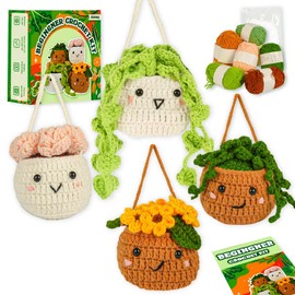 Imcrasy Crochet Kit | Crochet Kit for Beginners | Beginner Crochet Kit with Step by Step Video Lessons | 6 PC Cute Potted Plants Crochet Kit with Complete Crochet Accessories(40%+ Yarn)| WhiteBrown