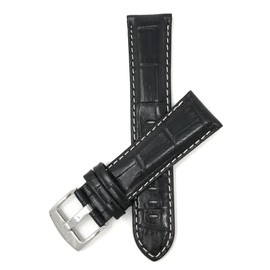 Bandini Extra Long (XL) 22mm Mens Italian Leather Watch Band Strap - Black - White Stitch - Alligator Pattern