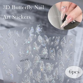 3D Butterfly Nail Art Stickers - 6pcs (2 Styles), Holographic & Embossed Design, Self-Adhesive Nail Decals for DIY Manicure, Wedding & Party Nails
