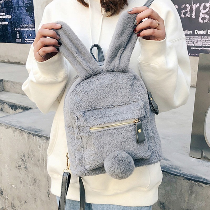 Women Bunny Backpack Plush Mini Fluffy Rabbit Ear Backpack Fuzzy