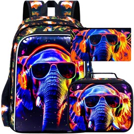 HPJGD 3PCS Boys Elephant Bookbag, Water Resistant Kids Backpack with Lunch Box, 17" School Bag Set for Teenagers Middle Elementary - Sunglasses Elephant