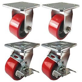 4 Heavy Duty Caster Set 4" 5" 6" Polyurethane on Cast Iron Wheels No Mark Red (4" : 2 Rigid + 2 Swivel w/Brake) for Furniture, Workbench, Carts, Toolbox