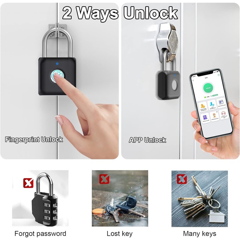 Fingerprint Padlock, Eseesmart Small Combination Padlock, Biometric Keyless Padlock USB