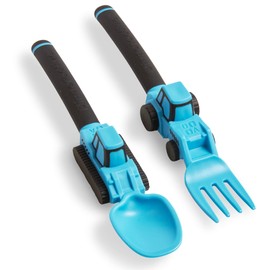 Dinneractive Utensil Set for Kids – Construction Themed Toddler Forks and Spoons, Toddler Utensils – 2-Piece Set – Blue Construction Utensils for Toddlers - Loader & Tractor Toddler Spoons and Forks