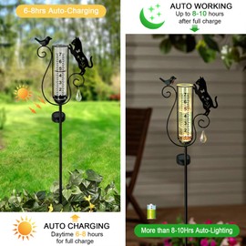 Hokfirm Rain Gauge Outdoor,Decorative Metal Black Cat and Bird Solar Light Stake with Rain Gauges Best Rated for Yard,Garden,Lawn, Pathway, 7" Glass Tube