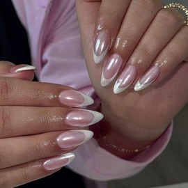 White French Tip Press On Nails Almond - KQueenest Chrome Press On Nails Medium, Glazed Natural Pink Fake Nails Press on Mirror Shine French Glue on Nails Medium, Cute Stick On Nails for Women