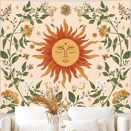 Tichgeim Avinyl Boho Sun Wall Tapestry for Bedroom, Bohemian Sun Flowers Hippie Tapestries Aesthetic, Vintage Orange Hippie Wall Hanging for Living Room Dorm Office Home Decor 60in×79in