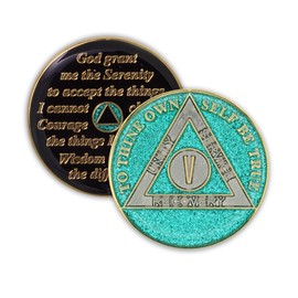 5 Year Sobriety Coin | Glitter Triplate AA Chip Recovery Anniversary Token (Aqua)