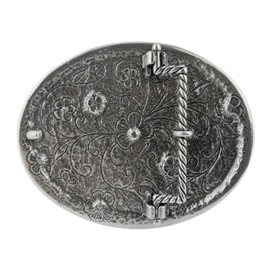 Rhinestone Crystal Belt Buckle Antique Silver Oval Floral Engraved Buckle (Crystal)