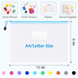 Sooez 20 Pack Mesh Zipper Pouch Bags, A4 Letter Size, Zipper Bags with Label Pocket, Waterproof Pouches for Classroom Organization, Board Game Storage, Document Bag for Teacher School Office Supplies
