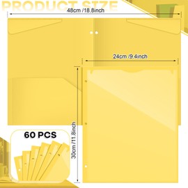 Henoyso 60 Pack 2 Pocket Folders with Clear Front Pocket 3 Hole Punched Plastic Heavy Duty Folders with Pockets for 3 Ring Binder Folders for 11 x 9 Inch Paper Holder Office Classroom(Yellow)