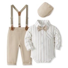 Volunboy Baby Boys Gentleman Suit, Formal Bow Tie Romper + Suspenders Pants + Beret Hat 5PCS Outfit(Tag Size 73,9-12 Months,Khaki Stripes