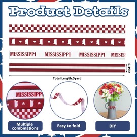 Threetols 4 Rolls 20 Yards Mississippi Ribbons, 3/8" Red White Stripe Grosgrain Ribbon with Mississippi Flag, State Outline and Check Pattern for Wrapping DIY Crafts and State Theme Party Decoration