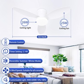 Glowall Ceiling Fan with Lights and Remote, 32" Flush Mount, Small Quiet, DC Motor, Reversible Blades, 6 Wind Speeds, Dimmable LED, Adjustable Color Temperature, Timer