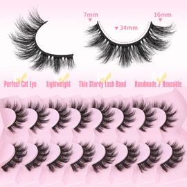JIMIRE Faux Mink Lashes Fluffy Cat Eye False Eyelashes Natural Look Manga Lashes 15MM Wispy Fake Lashes Look Like Eyelash Extensions Pestañas 8 Pairs Pack