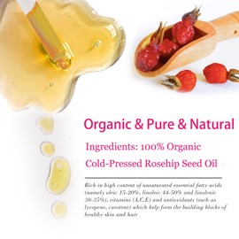 MMPANG Organic Rosehip Seed Oil for Face, USDA Certified, Cold Pressed, Unrefined, 100% Pure Natural Rose Hip Oil for Anti-Aging, Acne Scar Treatment, Skin & Hair Care, Gua Sha Massage, 1 fl.oz / 30ml