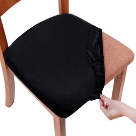 smiry Stretch Chair Seat Covers for Dining Room, Velvet Dining Chair Seat Protectors Chair Slipcovers, Set of 4, Black