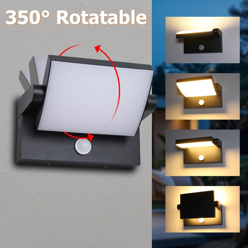 Angestlite Motion Sensor Outdoor Wall Light 18W IP65 350°Rotatable 3000K