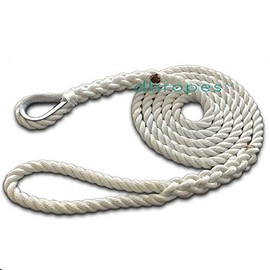 DBROPES 3 Strand Mooring Pendant Line 100% Nylon Rope with Stainless Steel Thimble. Tensile Strength 6400 Lbs. Made in USA (White Nylon, 1/2" x 10')