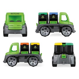 Lena 04453 - Truxx Recycling Truck Müllwagen, Müllfahrzeug ca. 26 cm, robuster Müll LKW, Müllauto mit Funktion, 2 Doppel Mülltonnen und vollbeweglicher Lena Spielfigur, für Kinder ab 2 Jahre, grün