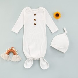 Tsseiatte Newborn Baby Boy Girl Knotted Gowns Long Sleeve Printed Sleeping Bag Coming Home Outfit Nightgown Pajamas Hat Set (N-White, 0-3 Months)